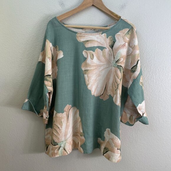 Soft Surroundings XL Fleur Top Teal Beige 3/4 Sleeve Lyocell Linen Floral Shirt - Picture 9 of 11